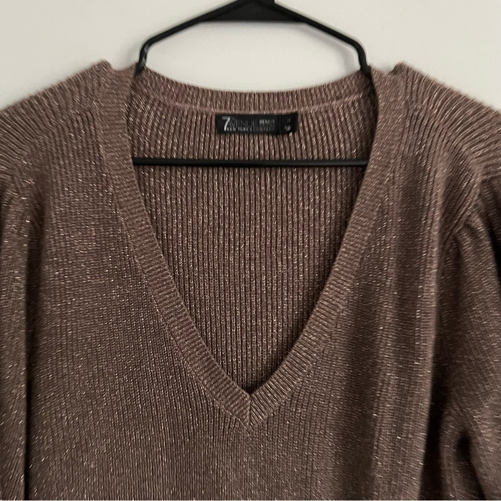 New York & Company Brown Sparkle V Neck Balloon Sleeve Knit Sweater - Picture 3 of 5